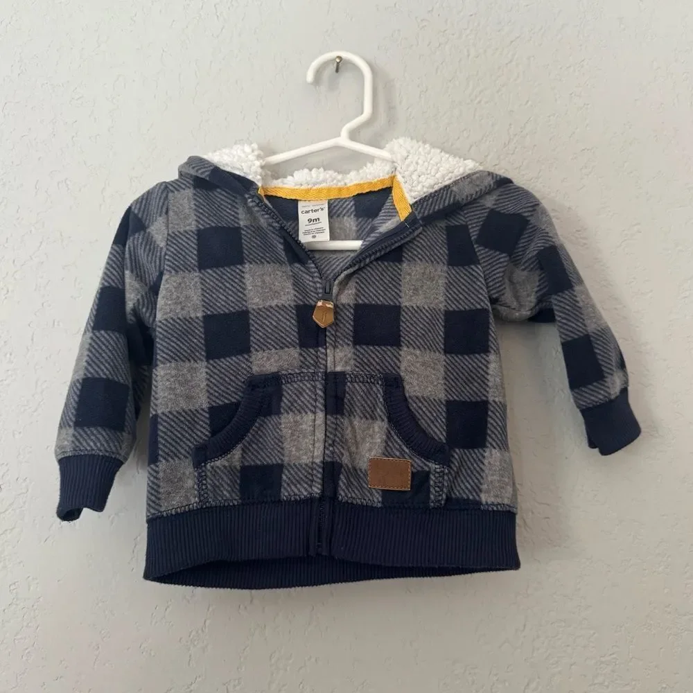 Navy Plaid Sherpa Hoodie Jacket